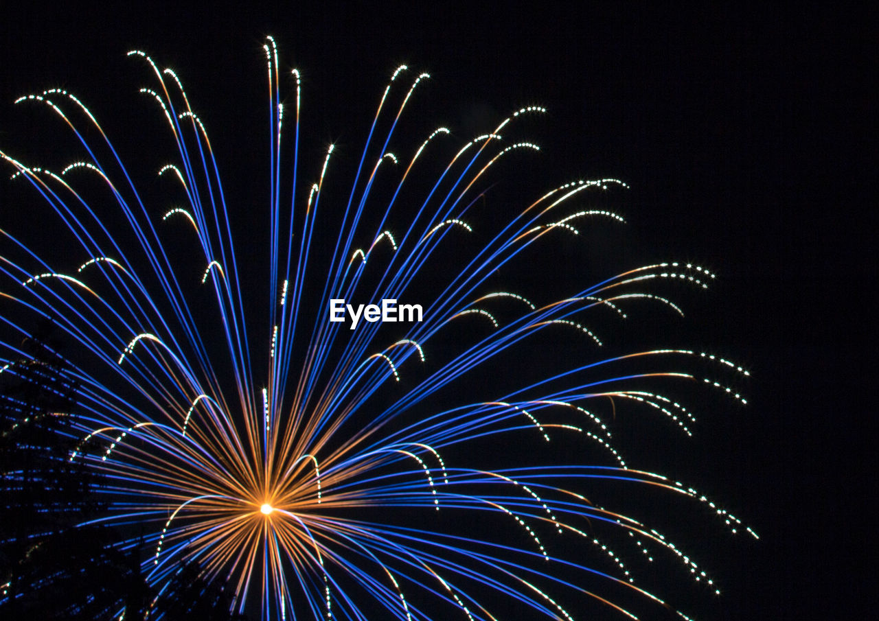 Low angle view of firework display at night