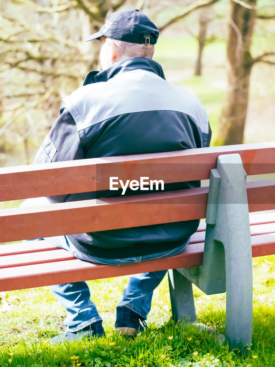men, rear view, bench, adult, one person, seat, spring, nature, plant, sitting, relaxation, grass, park bench, leisure activity, day, park, clothing, park - man made space, outdoors, lifestyles, person, green, blue, tree, casual clothing, full length, hat, yellow, furniture, autumn, sunlight