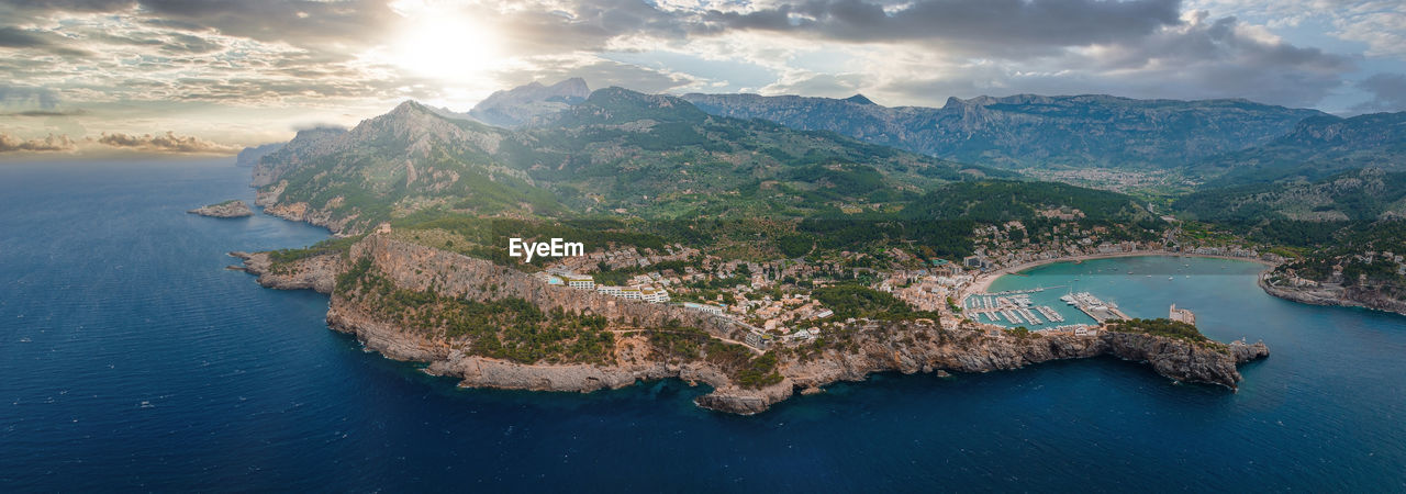 Aerial view of the luxury cliff house hotel on top of the cliff on the island of mallorca.