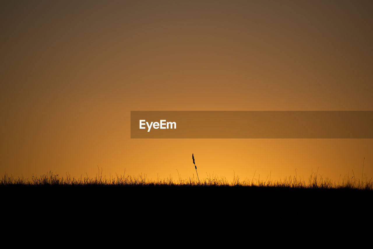 Scenic view of silhouette field against orange sky