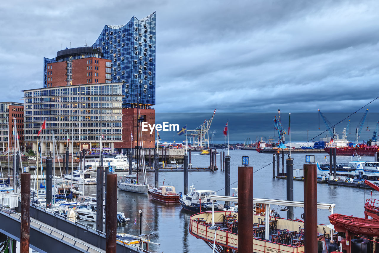 Scenic view of a habour in hamburg with the elbphilharmonie in the background