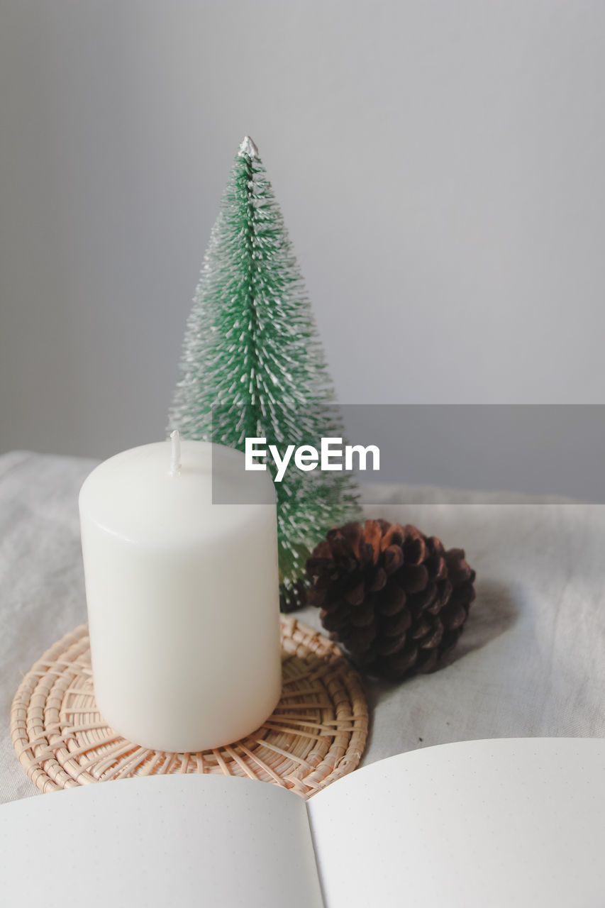 Decorative candles, a miniature christmas tree and pine cones on the table.