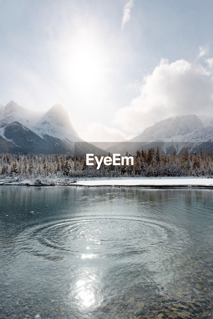 Scenic view of lake and snowcapped mountains against sky