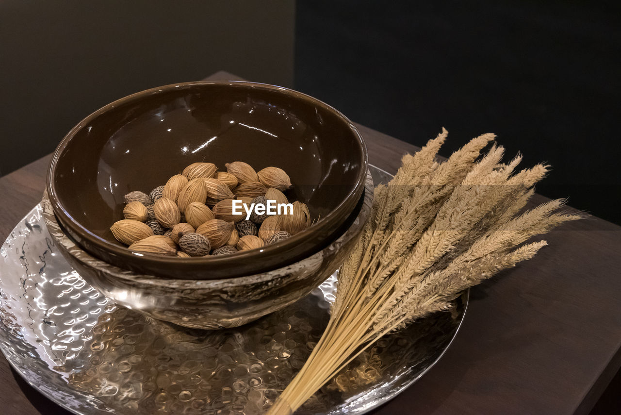 High angle still life view of food in bowl on table