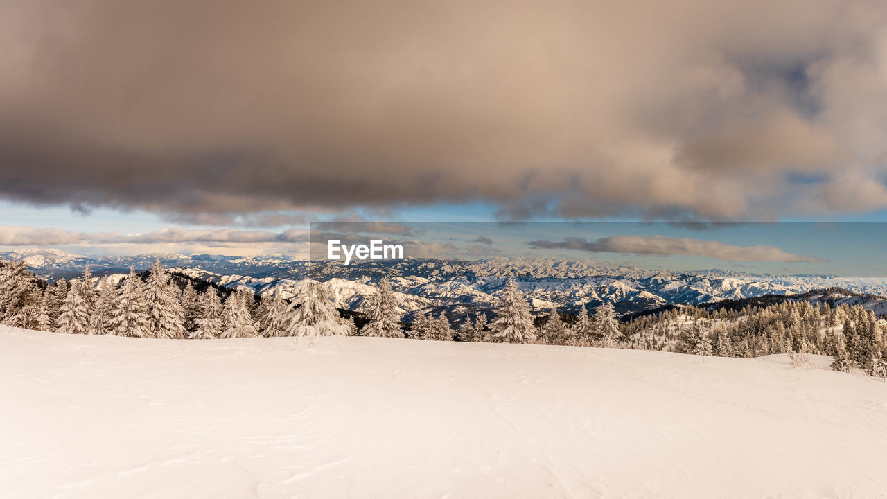 PANORAMIC VIEW OF SNOW COVERED LANDSCAPE AGAINST SKY