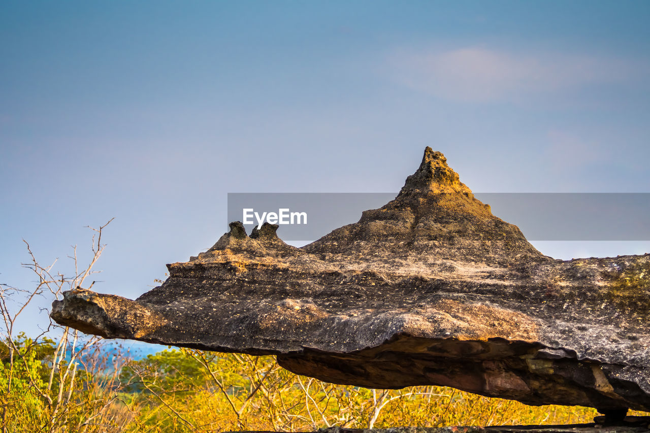 LOW ANGLE VIEW OF ROCKS ON MOUNTAIN AGAINST SKY