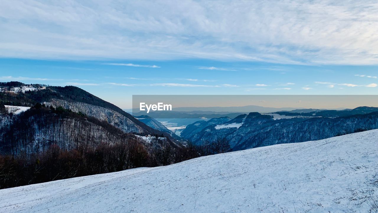 Scenic view of snowcapped mountains against sky