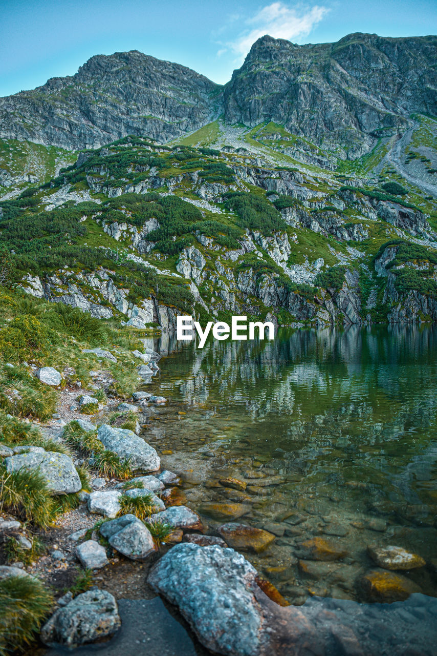 Scenic view of river amidst mountains against sky