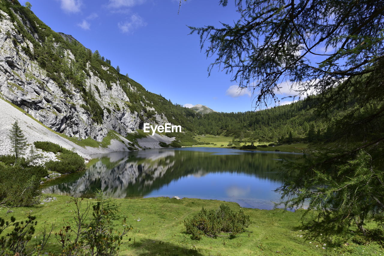 Scenic view of lake and mountains against sky