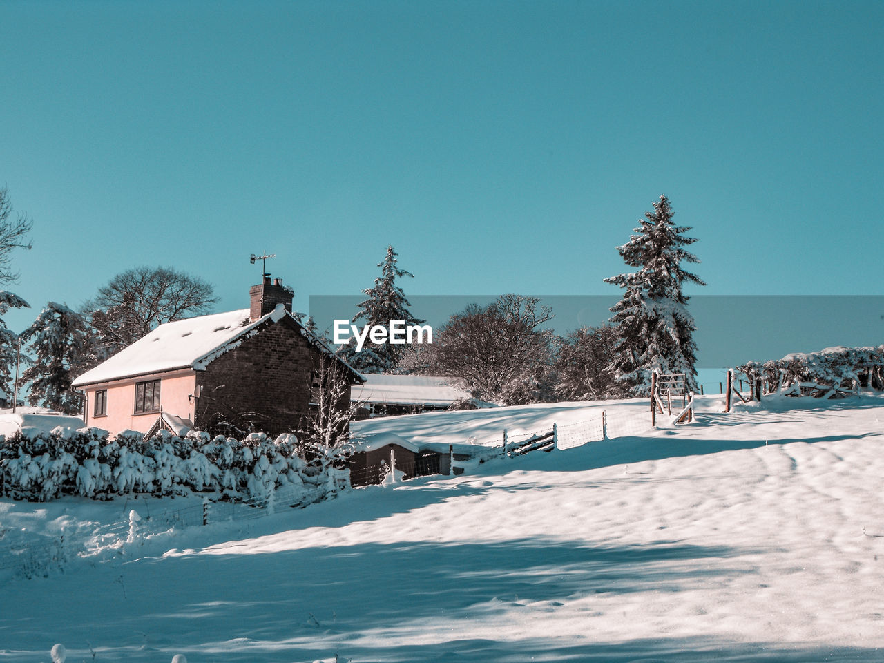 Snow covered houses and trees against clear sky