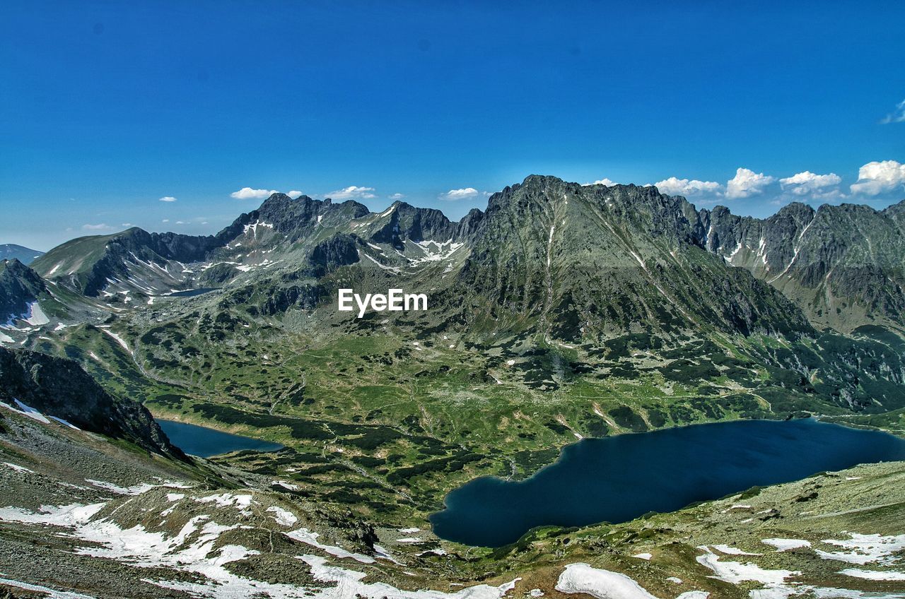 Scenic view of lake and rocky mountains against sky