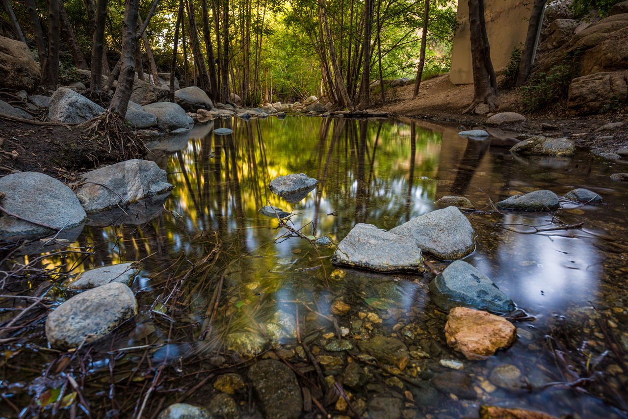 Reflection of rocks in lake