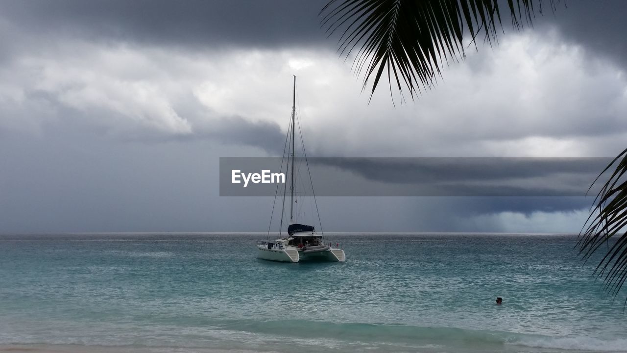 SAILBOATS IN SEA AGAINST CLOUDY SKY