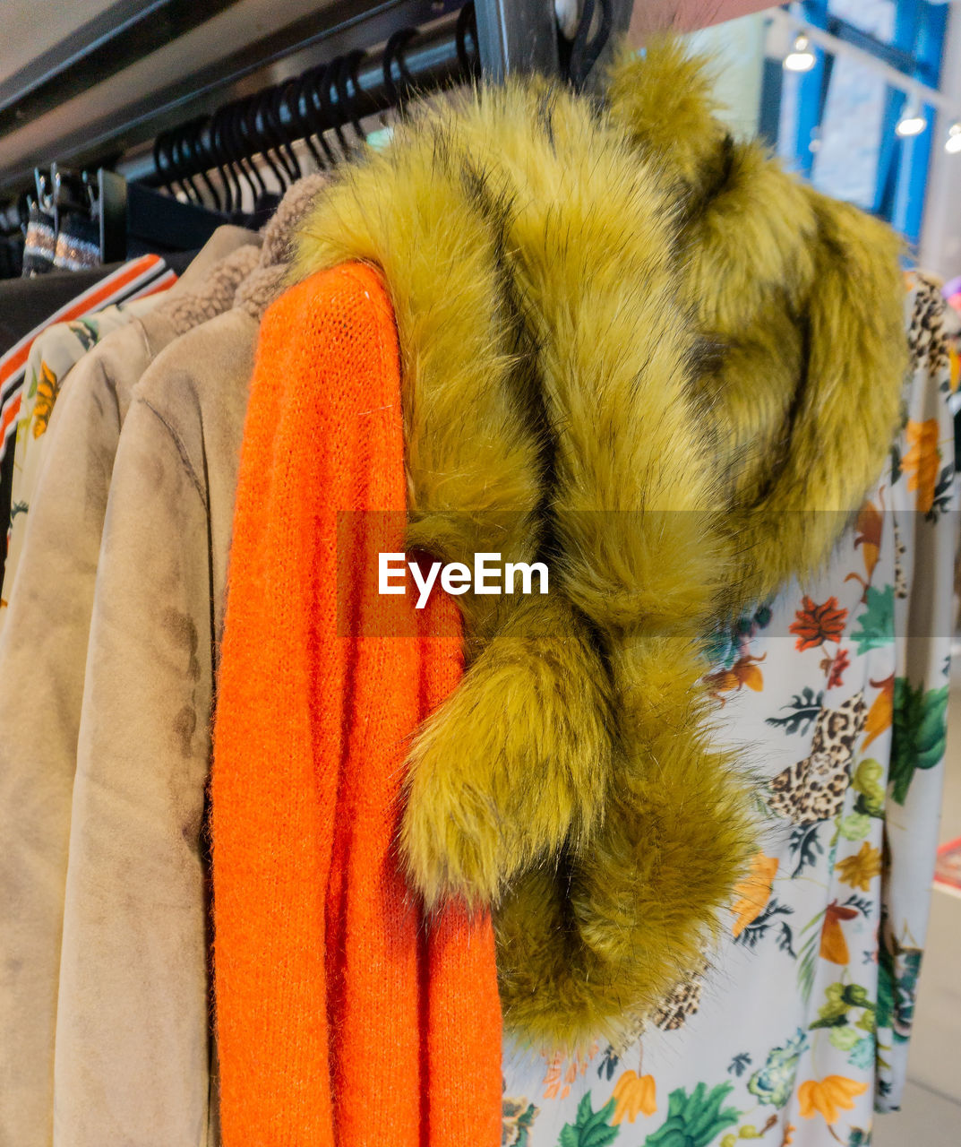 Close-up of warm clothing in store