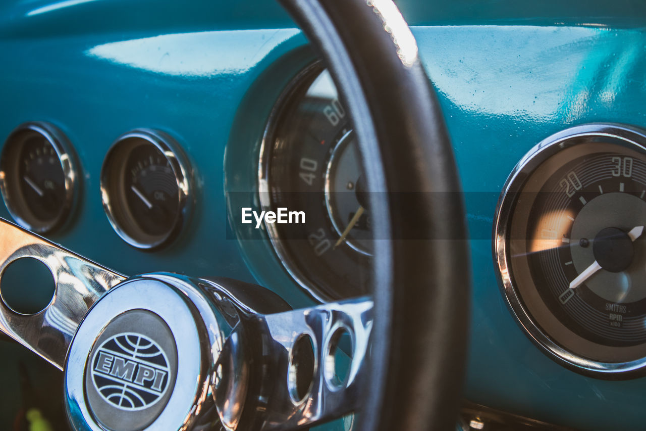 CLOSE-UP OF VINTAGE CAR INTERIOR OF BUS