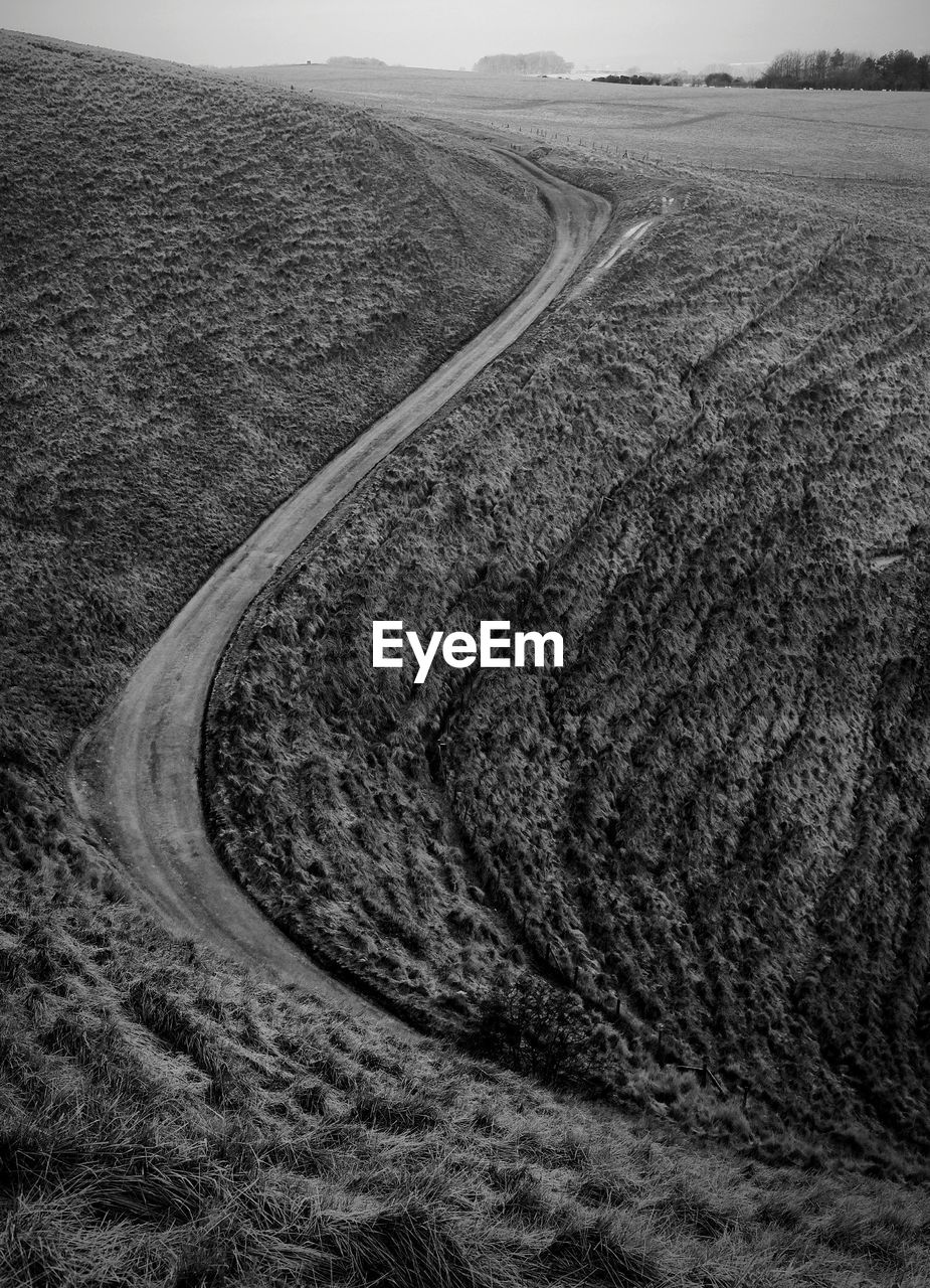 High angle view of winding road on landscape against sky