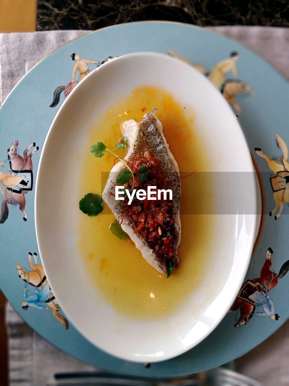 Top shot of seafood dish on table