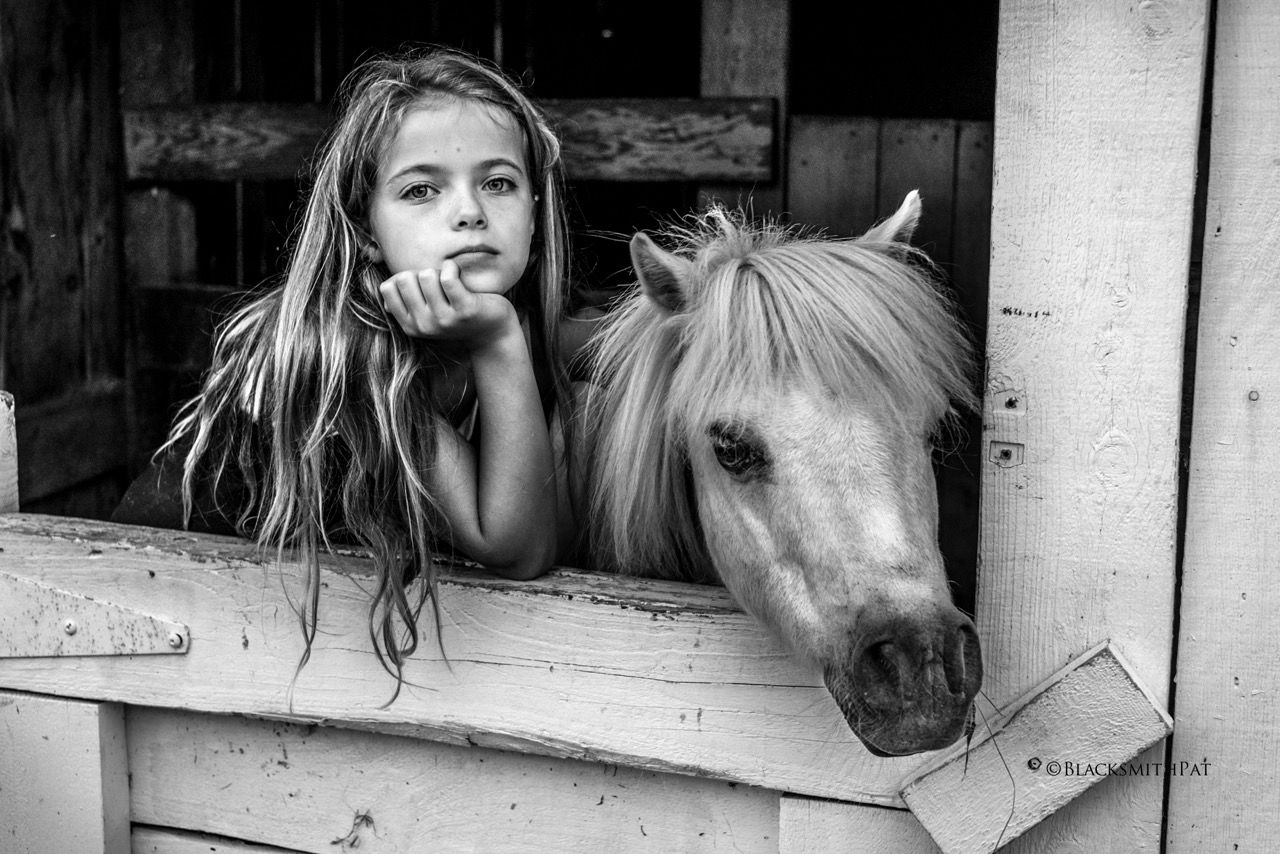 horse, animal, mammal, black and white, animal themes, domestic animals, white, monochrome, portrait, pet, livestock, wood, monochrome photography, women, one person, looking at camera, one animal, stable, black, female, animal wildlife, child, long hair, blond hair, childhood, lifestyles, farm, emotion, hairstyle, front view, barn, leisure activity, day, adult, fence, agricultural building, outdoors, headshot, snapshot, mane, animal head