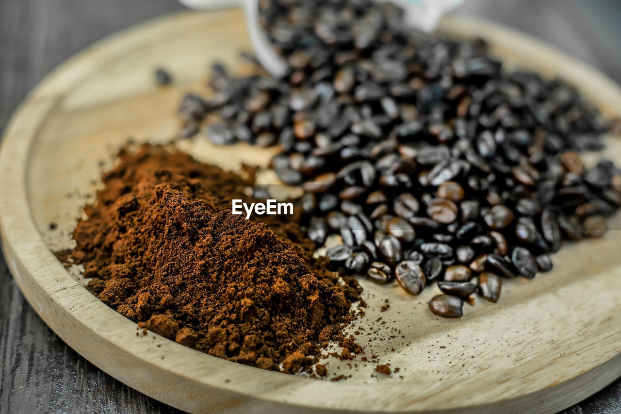 High angle view of coffee beans in container