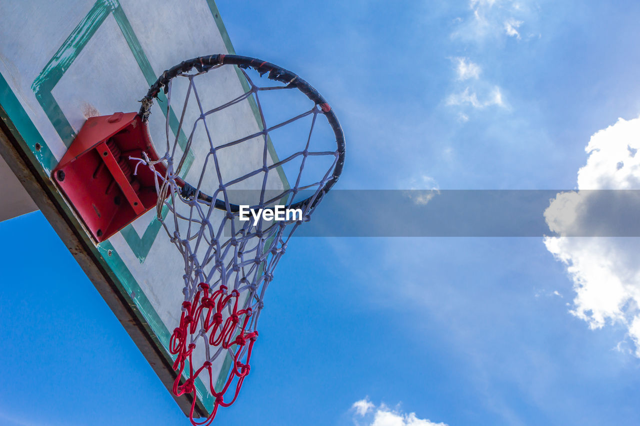 basketball, blue, sky, basketball hoop, cloud, low angle view, sports, net - sports equipment, nature, no people, day, outdoors