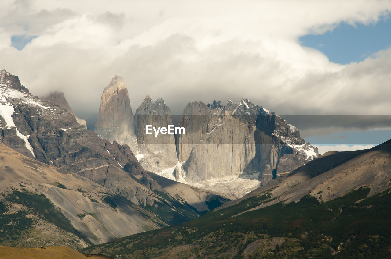 Scenic view of mountains against cloudy sky