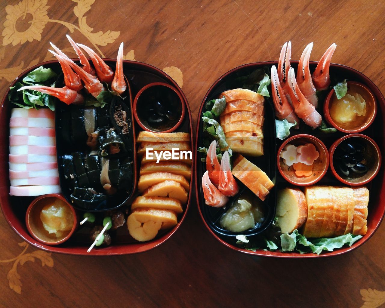 Directly above shot of bento boxes on table