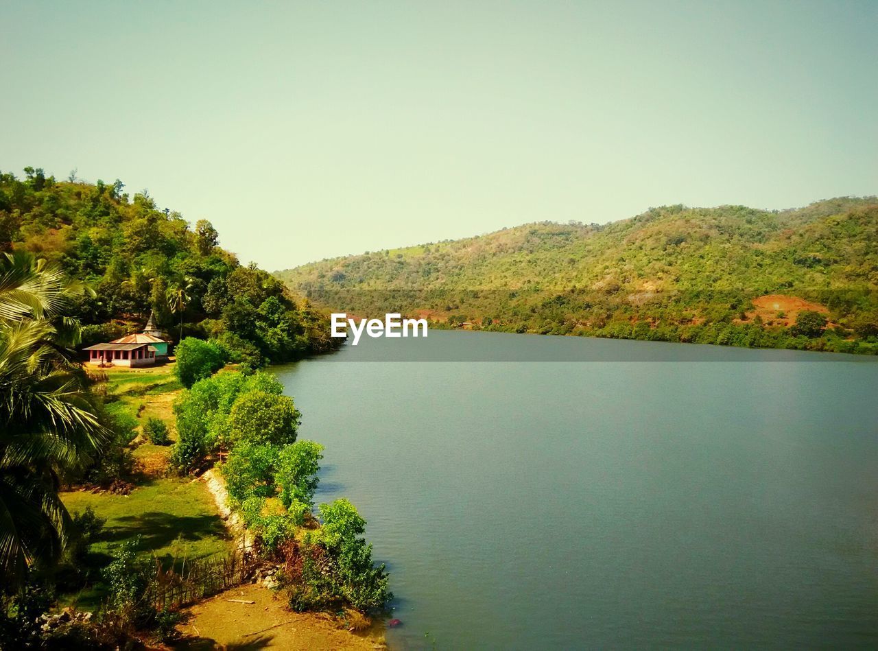 Scenic view of lake against clear sky
