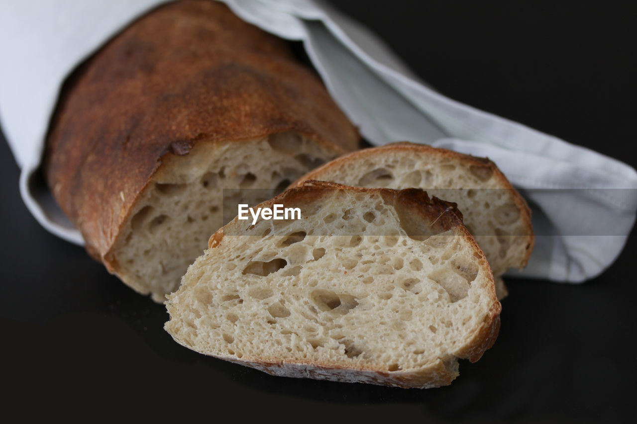 Close-up of bread against black background