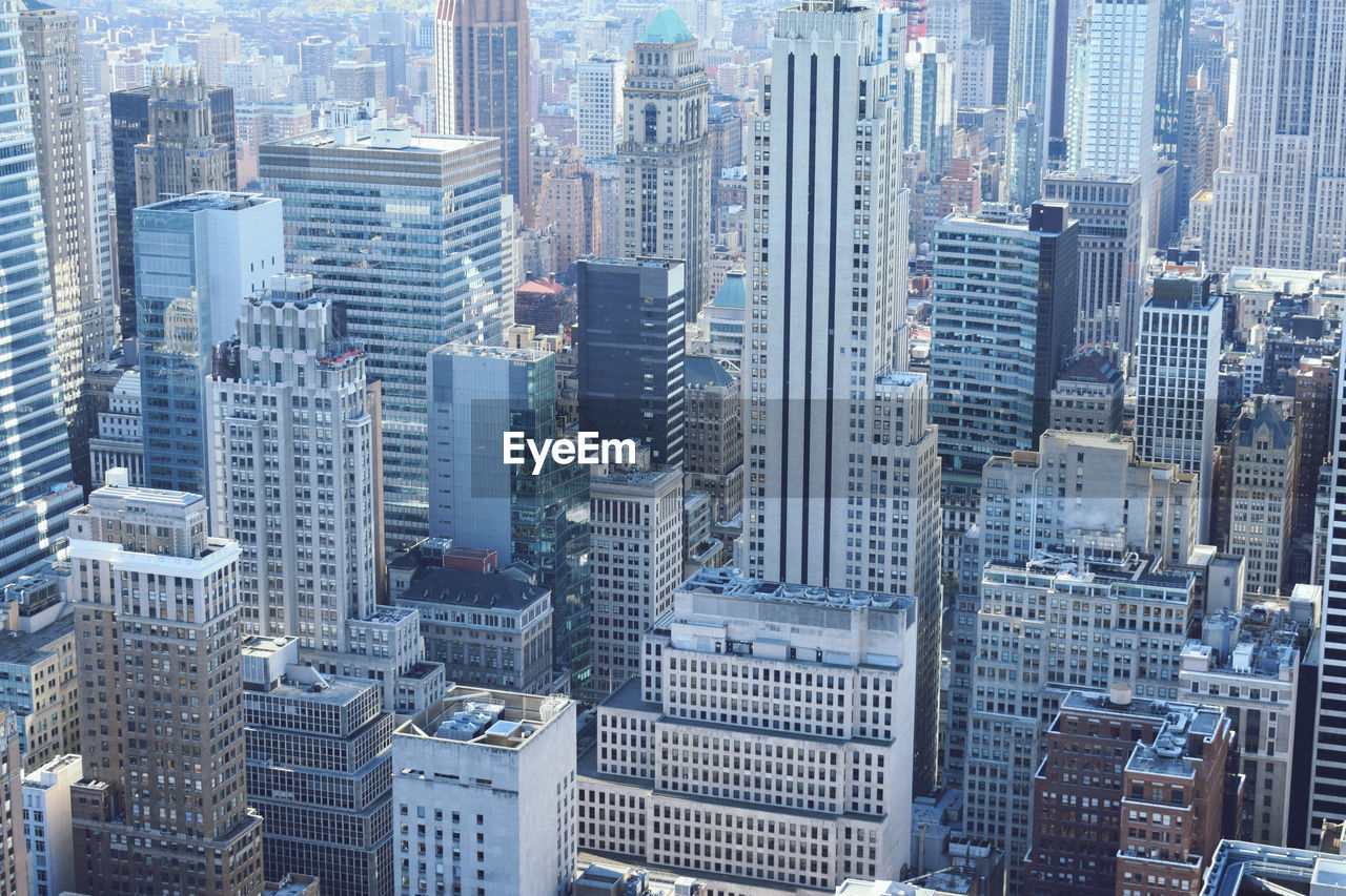 High angle view of modern buildings in city