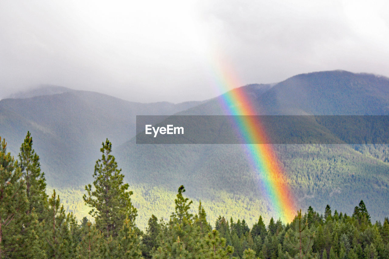 Scenic view of rainbow over mountains against sky