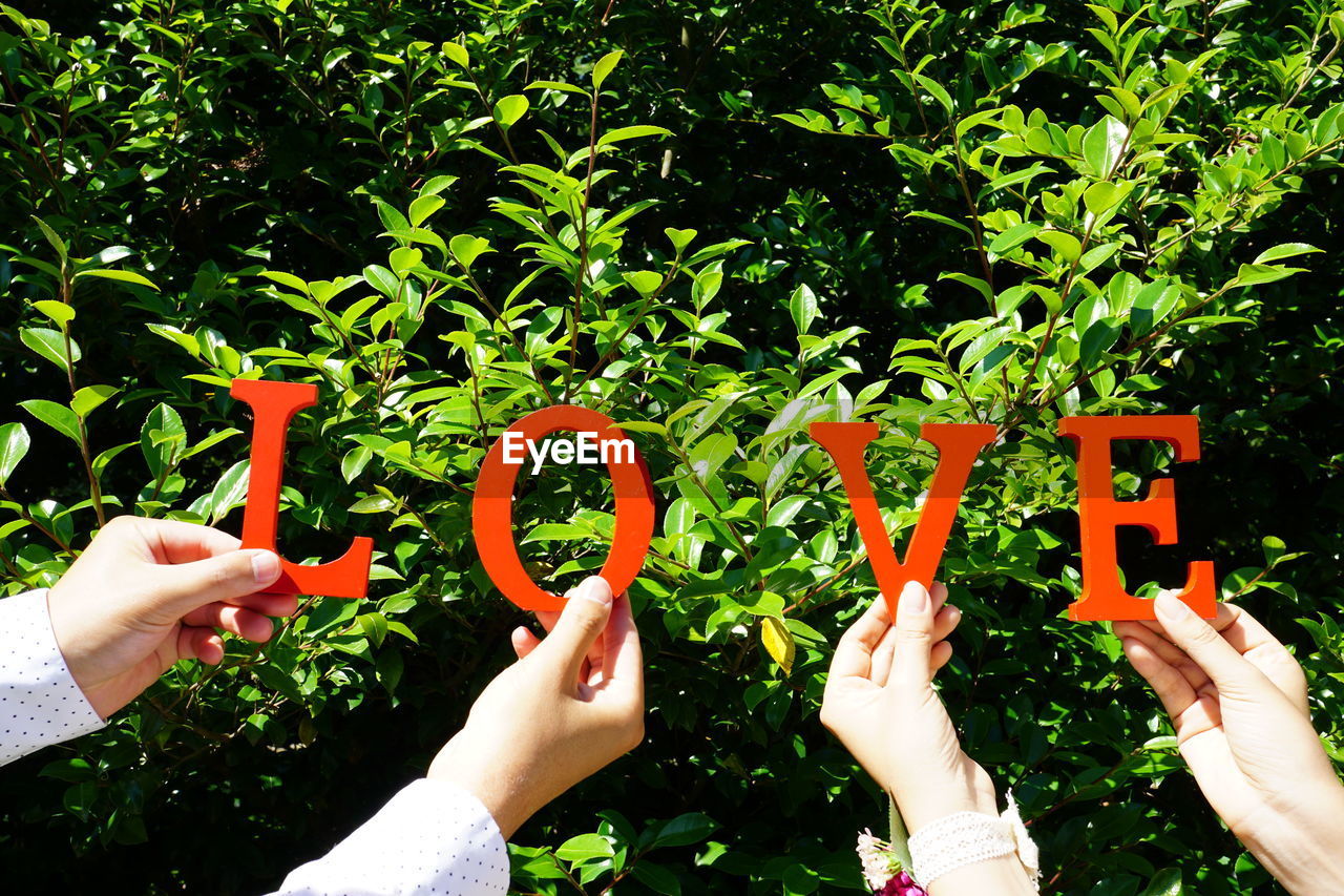 Cropped hands of couple holding love text at park