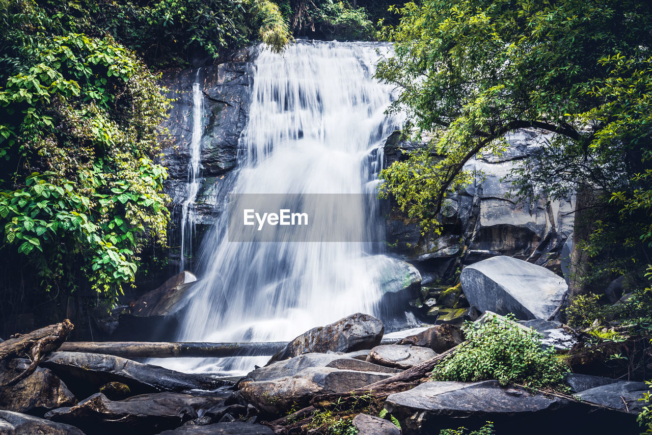 SCENIC VIEW OF WATERFALL AGAINST TREES