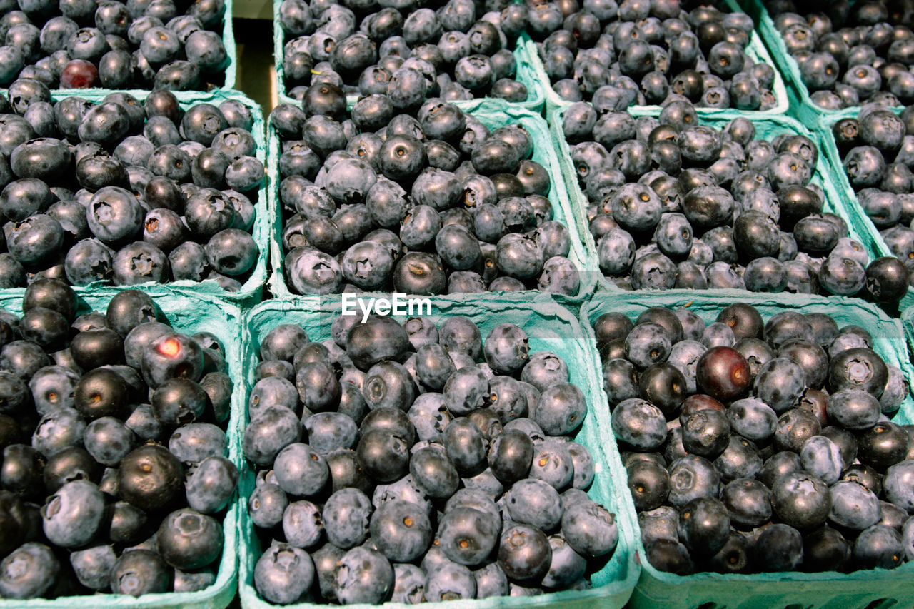 High angle view of blueberries for sale at market