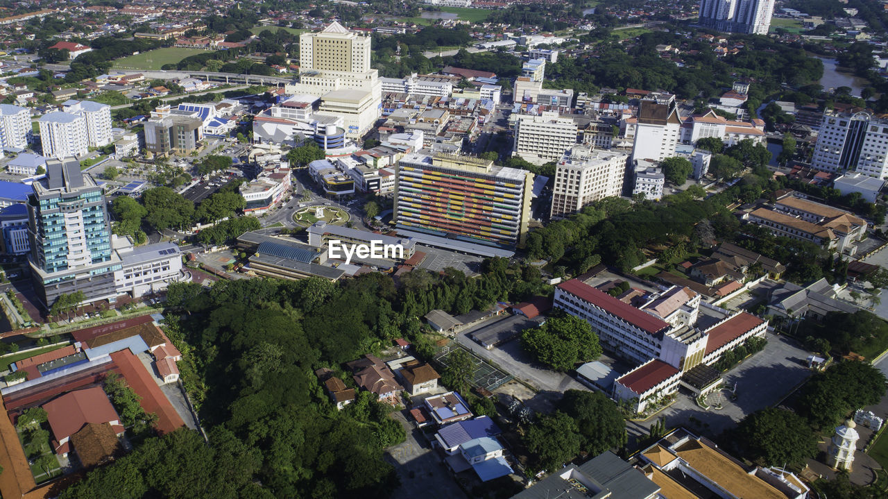 High angle view of buildings in city