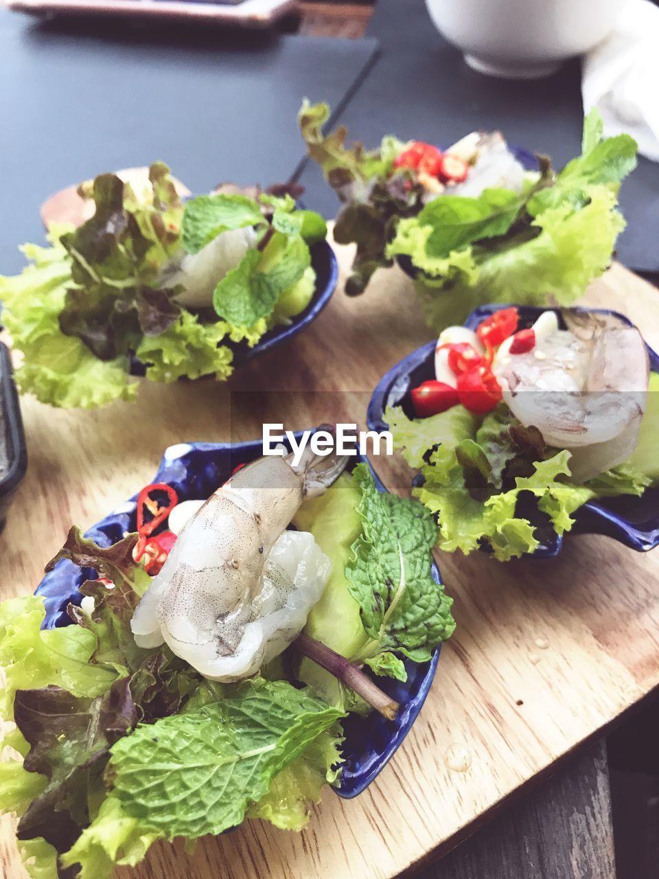 High angle view of food in bowls on table