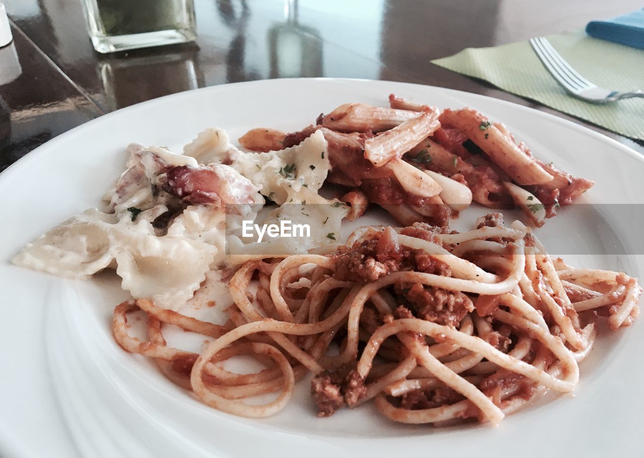 CLOSE-UP OF PASTA WITH MEAT AND PLATE