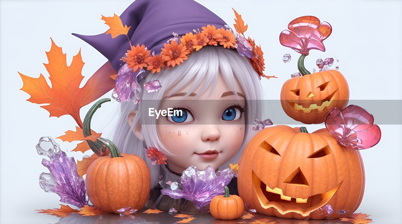 halloween, pumpkin, autumn, jack-o'-lantern, celebration, holiday, child, childhood, food, vegetable, food and drink, smiling, squash, trick or treat, cute, spooky, costume, fear, creativity, dressing up, orange color, fun, tradition, witch, anthropomorphic, nature, decoration, craft, face, leaf, event, fruit, anthropomorphic face, animal, female, portrait, horror, plant part, women, cartoon, happiness, animal themes, candy, emotion, representation