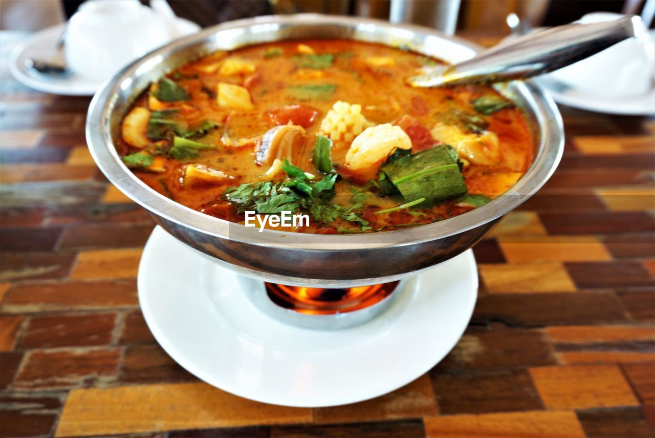 High angle view of thai food in bowl on table
