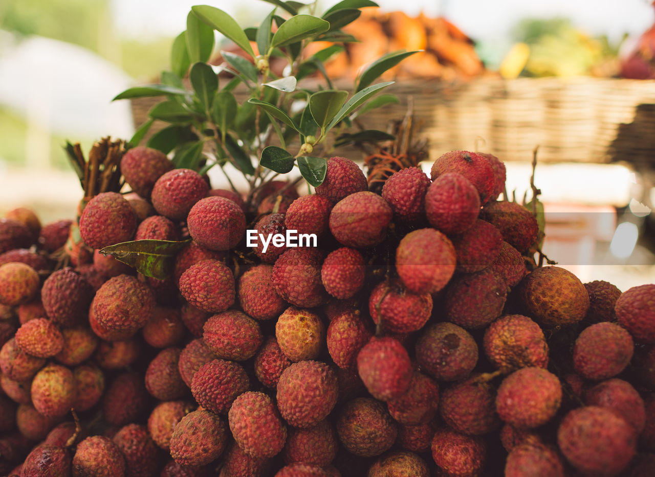 Close-up of lychees for sale at market