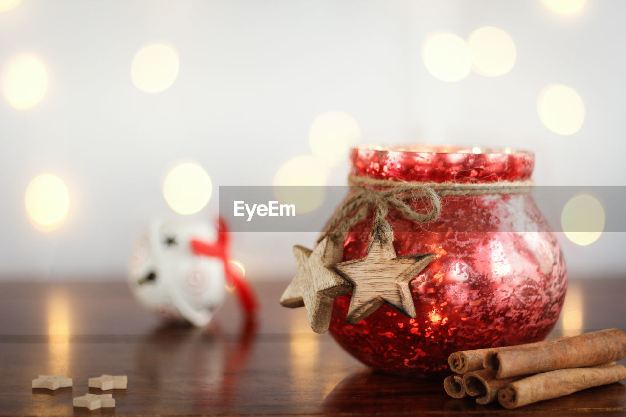 Close-up of christmas decorations on table