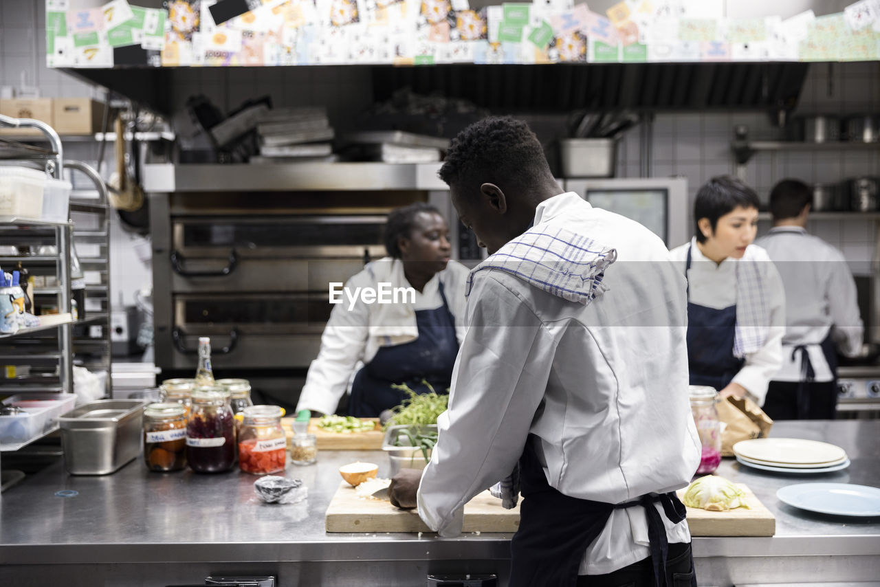Multiracial chefs preparing food in kitchen of restaurant