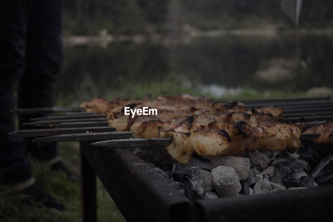 CLOSE-UP OF MEAT ON GRILL