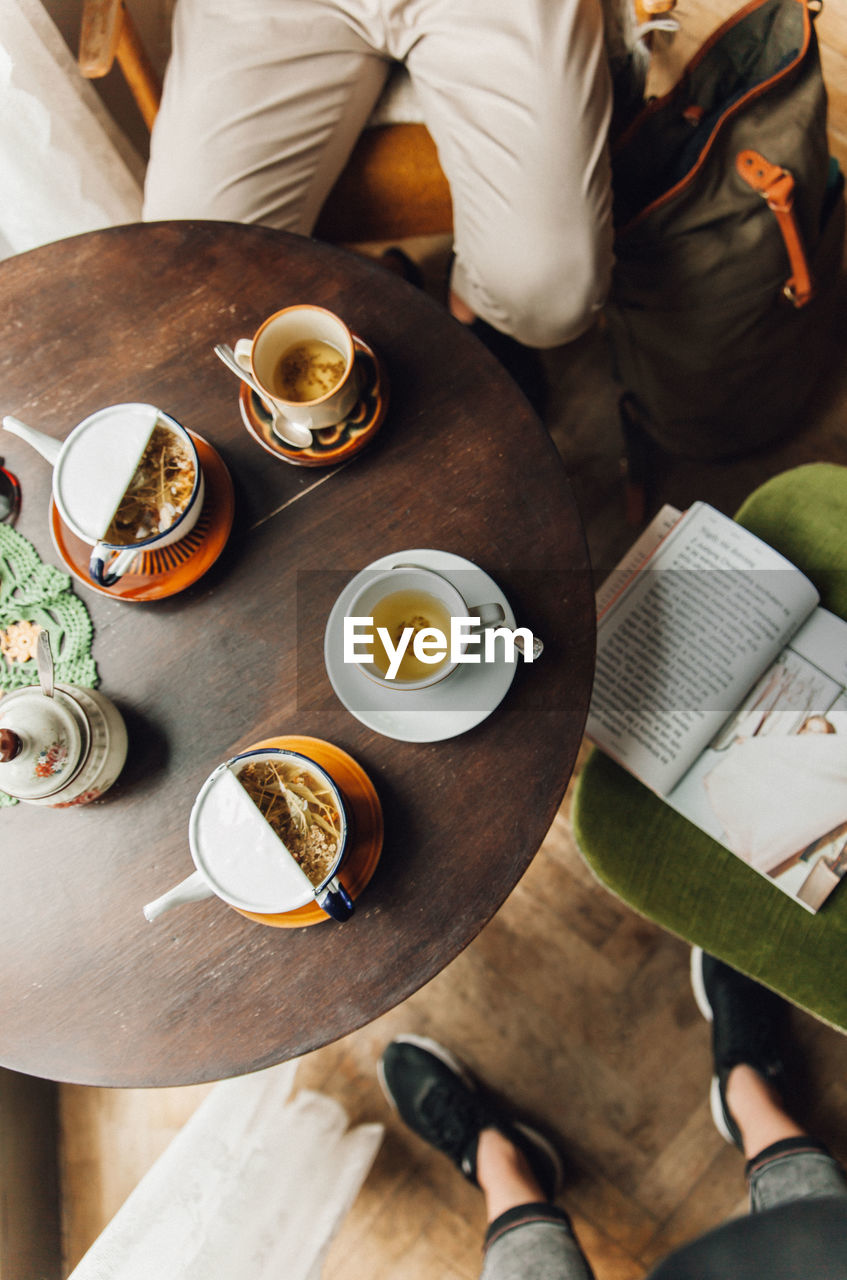 HIGH ANGLE VIEW OF BREAKFAST AND COFFEE