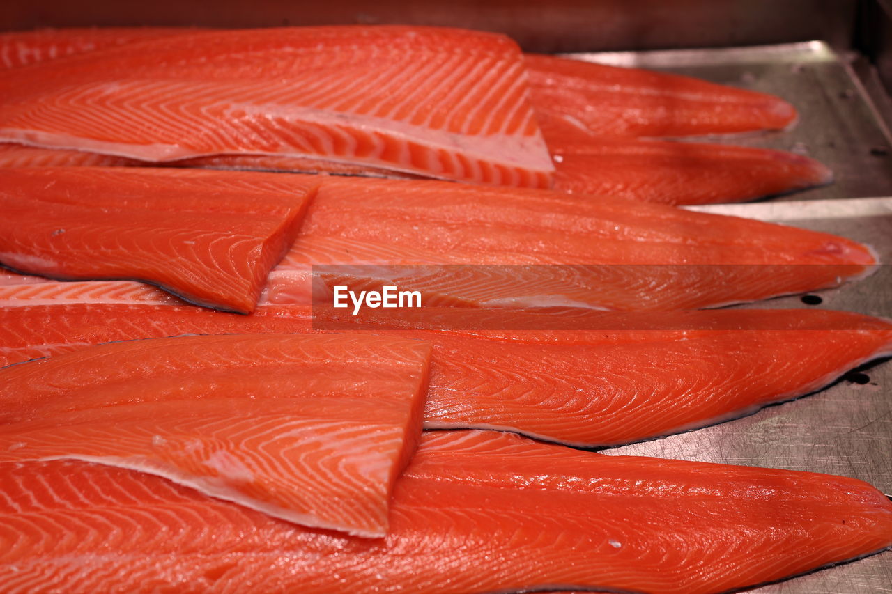 High angle view of fresh salmon at hakaniemi market hall