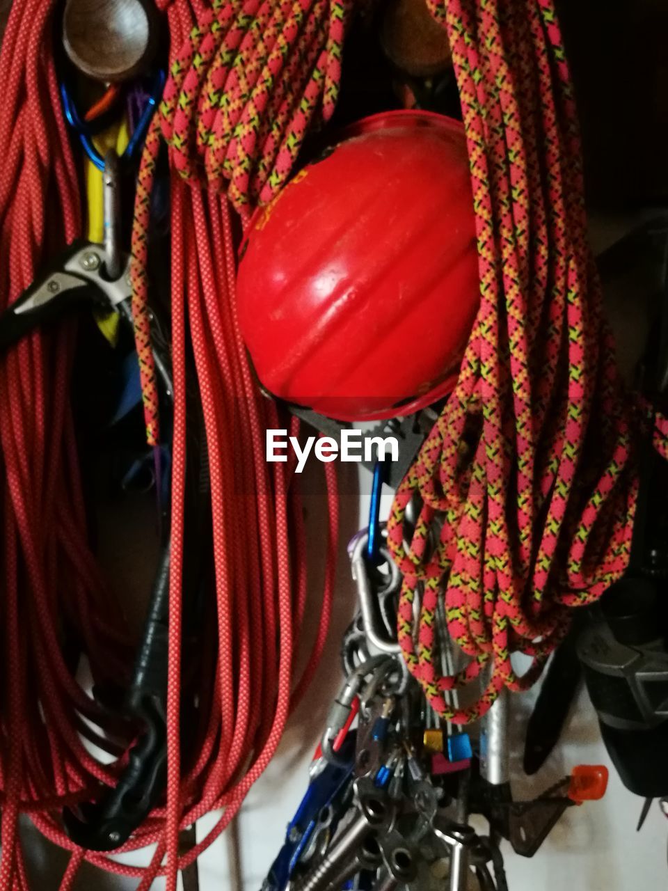 Close up of red climbing ropes