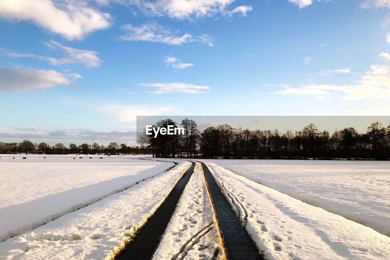 Snow covered landscape against sky