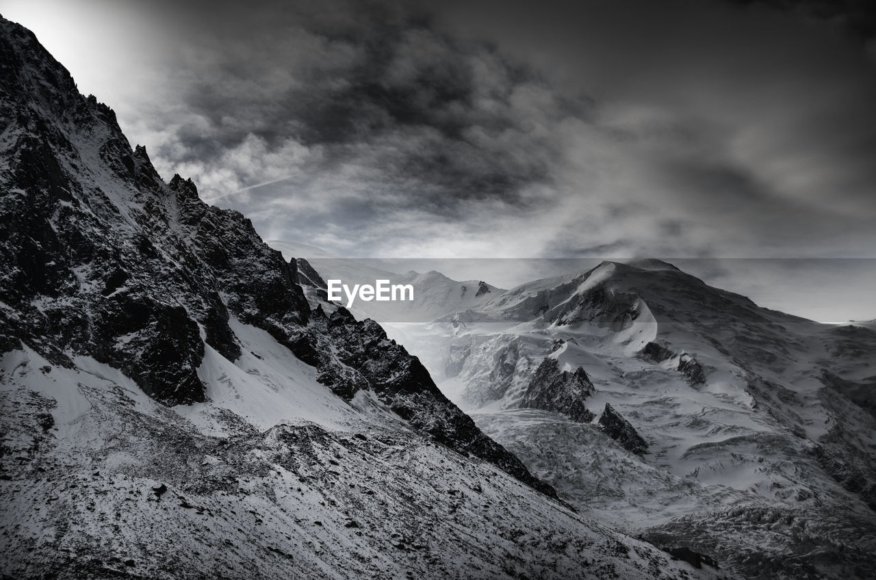 Scenic view of mountains against cloudy sky