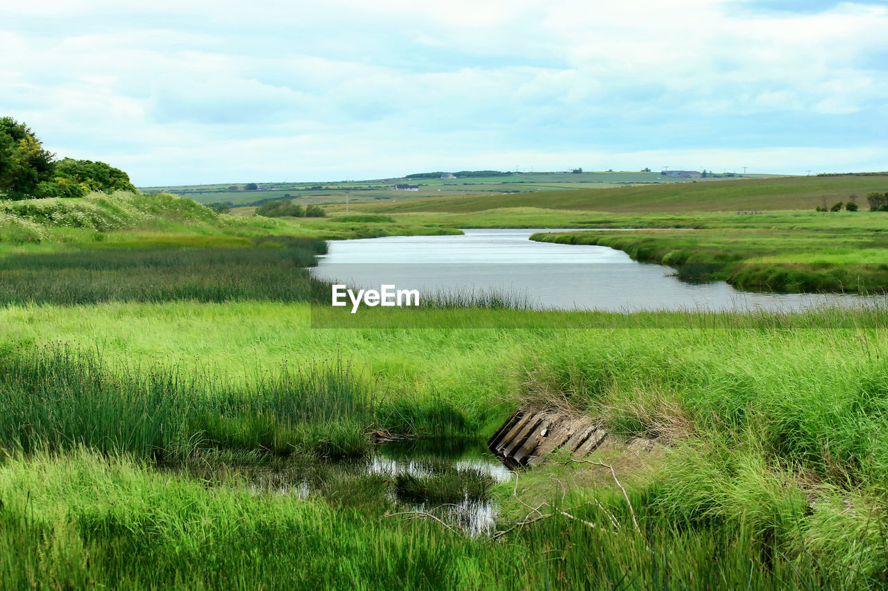 Scenic view of grassy field against cloudy sky