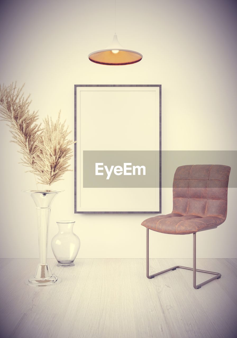 indoors, furniture, lighting, seat, chair, table, lighting equipment, no people, elegance, electric lamp, home interior, empty, lamp, frame, art, nature, picture frame, decoration, light, plant, copy space, domestic room, wood, business, luxury, retro styled, white, illuminated