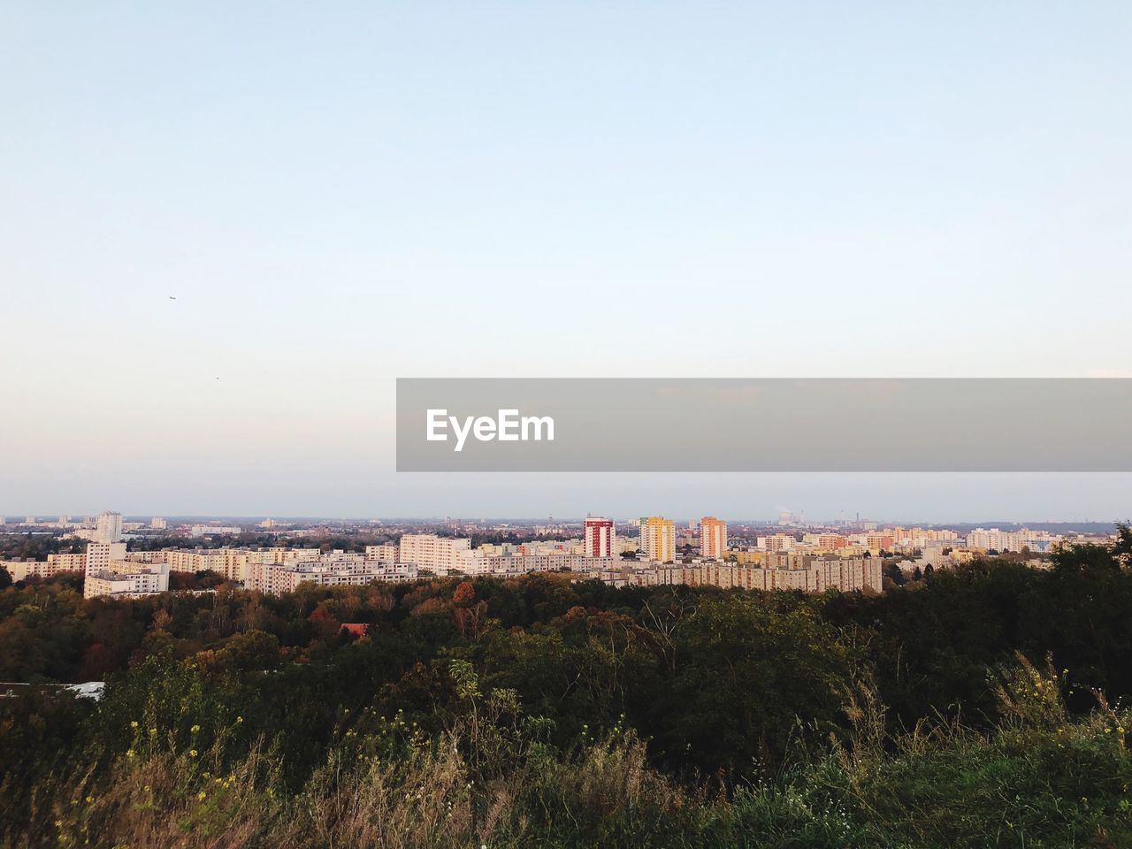 View of cityscape against clear sky